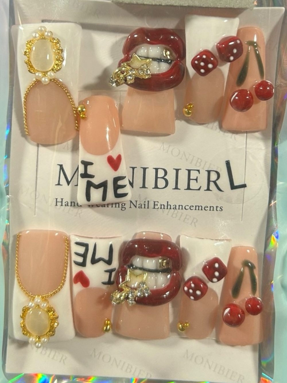 Y2K Cherry Lips Press On Nails 3D Kawaii Glam Dice Red Lip Wide Duck Fan Thug